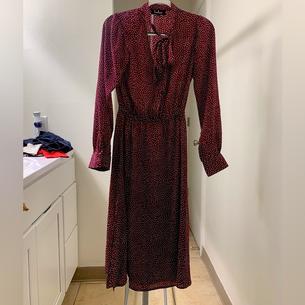 Lulus | Maroon Dress with White Dots and Neck Tie | Size: M
